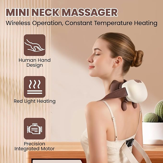 Neck Massager with HeatCordless Electric Shiatsu Neck and Back Massager 3 Speeds 2 Heat SettingsPortable Heated Neck Massager4D Kneading Neck and for Muscle Relax (White + Khaki)