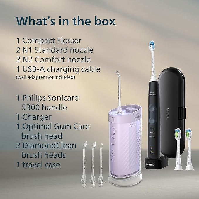 Philips Sonicare Compact Flosser 1000 Purple ProtectiveClean 5300 Rechargeable Electric Toothbrush and 2PK Compact Nozzle Bundle BD2001AZ