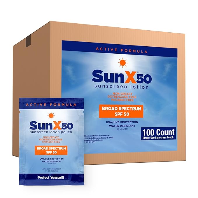 CoreTex Sun X 50 SPF Broad Spectrum Sunscreen Packets - Bulk Pack of 100 Paraben Oxybenzone Octinoxate &amp Oil Free Sunscreen - No White Cast and Water Resistant Up to 80 Minutes