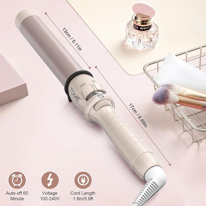 TOME 1.25 Inch (32mm) Large Barrel Curling Wand Hair Curler Ceramic Curling Iron with 7 Heat Settings Dial 180–410°F PTC Fast Heat Dual Voltage 110–240V Auto Shut-Off Cool Tip Glove Included