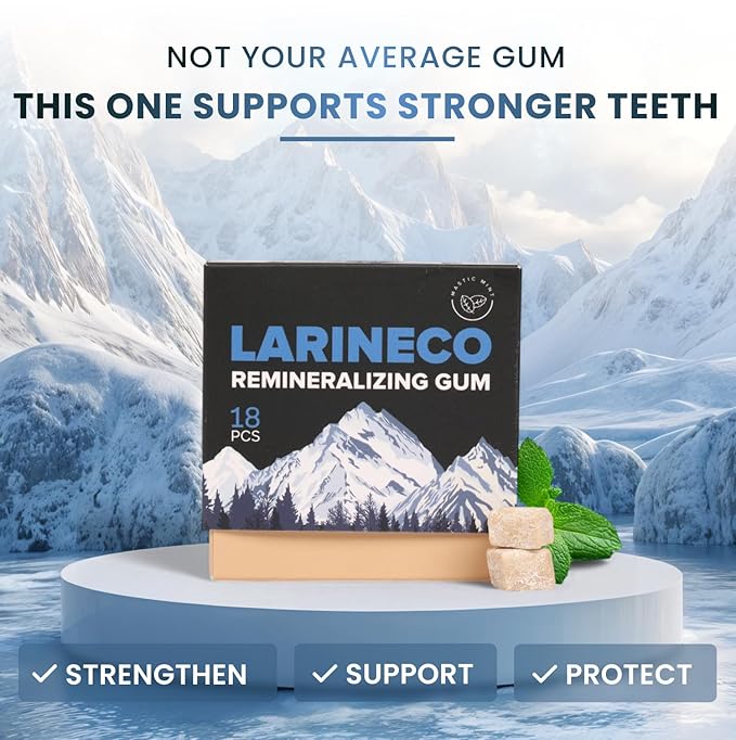 Larineco Remineralizing Gum with Nano Hydroxyapatite &amp Xylitol – Sugar-Free Xylitol Gum – Plastic-Free Dye-Free Aspartame-Free – Natural Base – 36 Pieces Mastic Mint