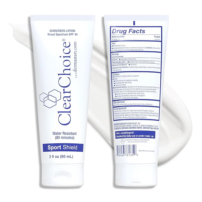 Clear Choice Sport Shield SPF 45 – Mineral Sunscreen &amp Moisturizer | Non-Greasy Broad-Spectrum Face &amp Body SPF | Micronized Zinc Oxide | No White Cast | Dermatologist Recommended 60 ml / 2 oz