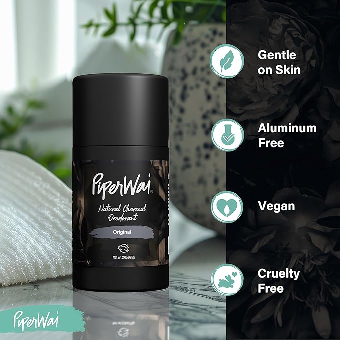 PiperWai Natural Deodorant w/Activated Charcoal | Odor Protection Vegan Aluminum Free Shark Tank Product for Women &amp Men | Great for Travel &amp Gifts | 2.6 oz (75g) Original Scented Stick 2-