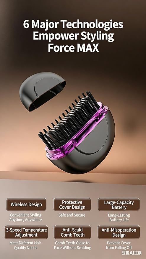 Wireless Hair Straightener Brush Rechargeable Mini Portable 3 Heat Settings Anti-Scald Comb with Plant Protein Coating for Home &amp Travel (Grey)