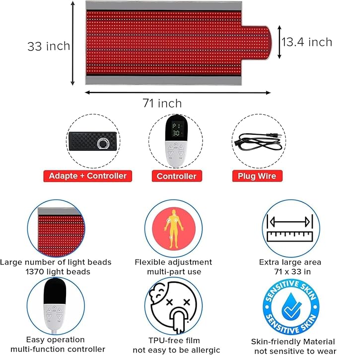 OBOEYU 71x 31 Red Light Therapy Blanket 1370pcs Led Red Light Therapy Mat Near Infrared 660nm Full Body Pad with Multifunctional Controller and Timer for accelerates Cell Regeneration. ﻿ Black