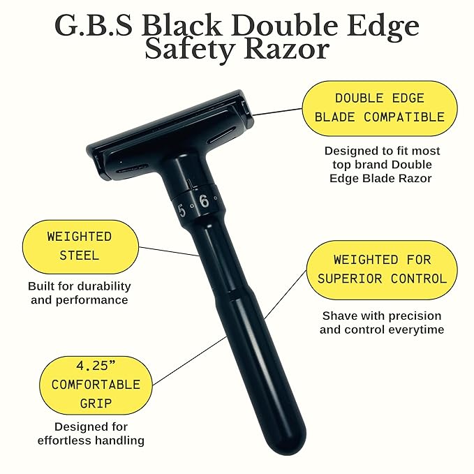 G.B.S Double Edge Safety Razor – Premium Black Steel Shaving Razor with Weighted Handle Leather Travel Case &amp 10 DE Blades – Smooth Close and Comfortable Shave for Men