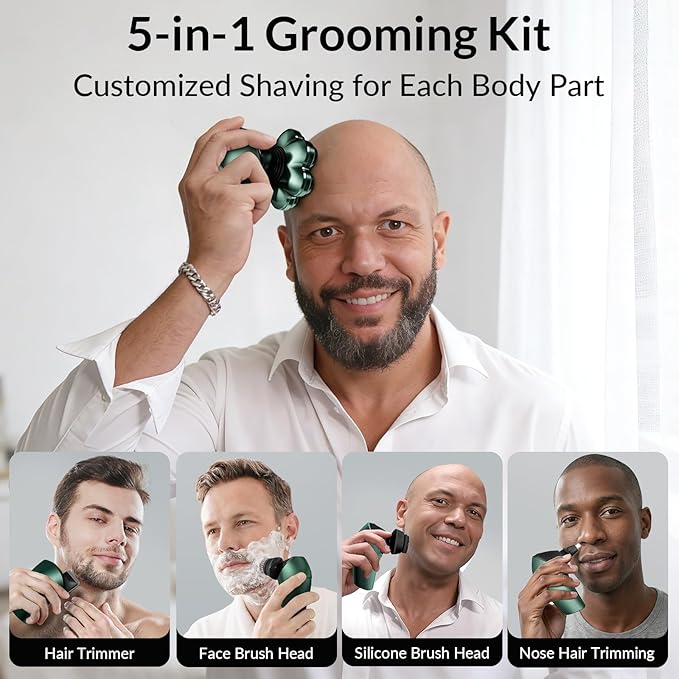 Head Shavers for Bald Men - 7D Arc Magnetic Detachable Electric Razor Waterproof Wet Dry 5-in-1 Electric Shaving &amp Grooming Kit LED Display Rechargeable Head &amp Body Hair Shaver Dark Green