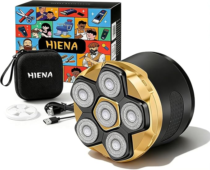 HIENA PRO Head Shaver for Bald Men - 6D Magnetic Rotating Shaver Rechargeable Bald Head Razor Kit Waterproof Electric Razor with LED Display (Gold)