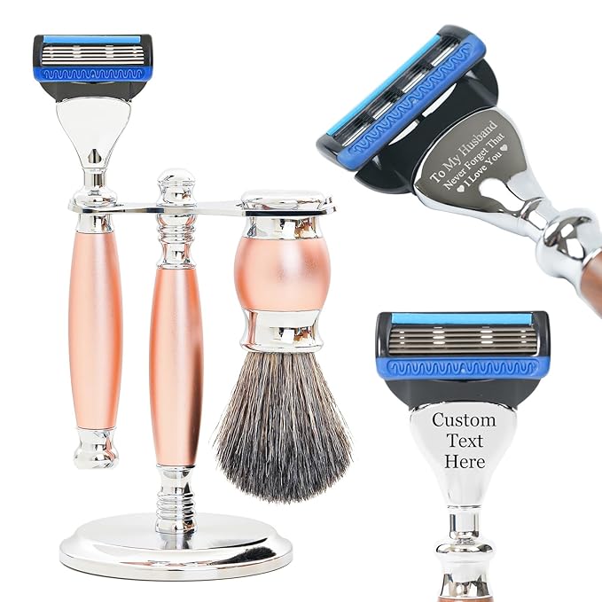 FREED Customized gifts Engraving Luxury Men's 5-Blade Razor set Aluminum Alloy Material incloud 4 Bladesrazor standrazor brushIt's the best gift for men (Champagne gold)
