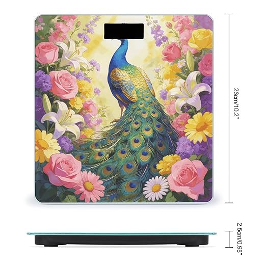 Colorful Peacock with Floral Background Weight ScaleClear LED Display Bathroom Digital Weighing ScaleTempered Glass Digital Bathroom Scale for Body Weight Capacity Up to 400 Lbs