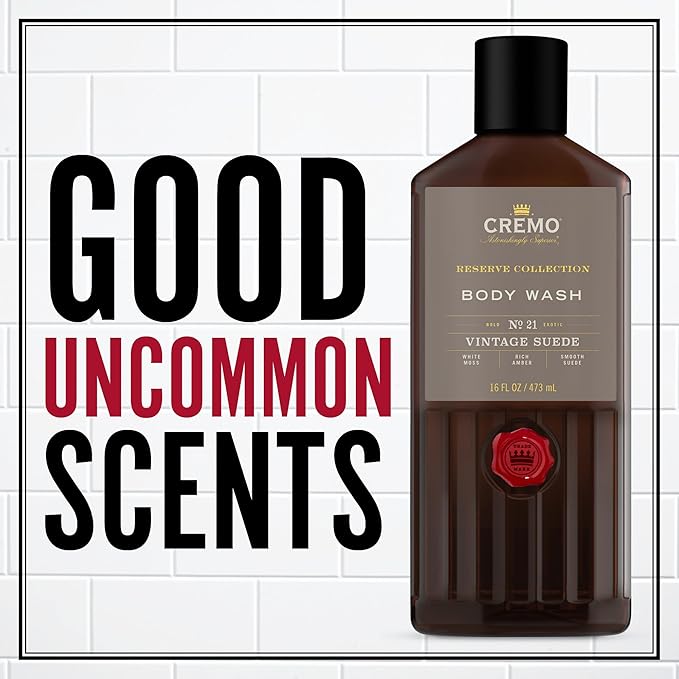 Cremo Men's Body Wash Bundle with 16 Fl Oz Blue Cedar &amp Cypress and 16 Fl Oz Vintage Suede Scents