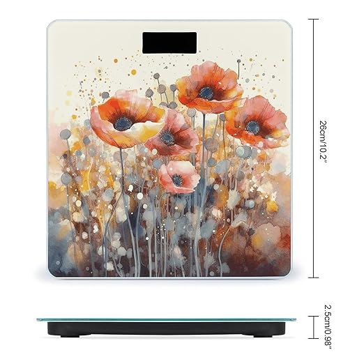 Watercolor Red Poppy Flowers Bathroom Scale Rounded Smart Scale for Body Weight Automatic Power On/Off Weight Scales Accurate Bathroom Digital Scales for Pet Home Bedroom Kitchen