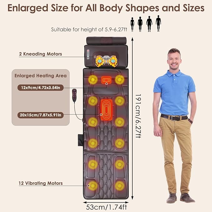 Full Body Massage Mat with Heat &amp Movable Shiatsu Neck Back Massager Pillow &amp Foot Massager Massage Mattress Pad with Top Pillow &amp Lumbar Support 12 Vibration Motors9 Massage Modes &amp