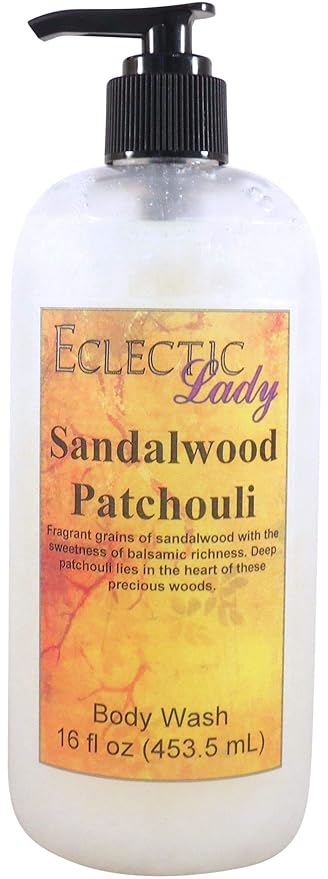 Eclectic Lady Liquid Pearl Body Wash - Sandalwood Patchouli Scent 3-in-1 Use For Bubble Bath Hand Soap &amp Body Wash Phthalate-Free Sandalwood Patchouli Fragrance Handcrafted in USA (16 oz)