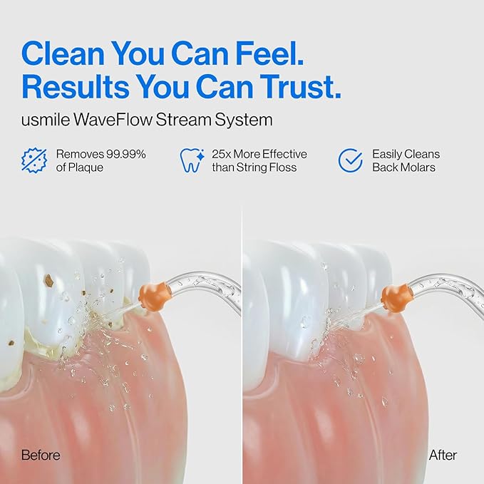 usmile C30 Cordless Water Flosser 300ml Large Tank 5 Pressure Levels Deep Clean S-Shaped Nozzles for Braces &amp Sensitive Gums USB-C Rechargeable IPX7 Waterproof Portable Travel &amp Home Use
