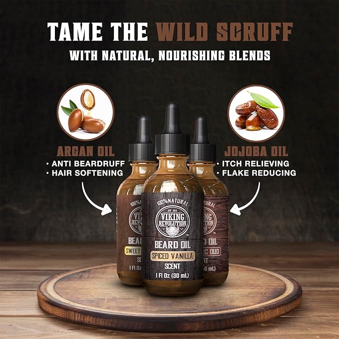 Viking Revolution Beard Oil for Men 3 Pack - Natural Mens Beard Oil Variety Set - Spiced Vanilla Sweet Tobacco Majestic Oud - Beard Conditioning and Moisturizing for a Healthy Beard (3 Pack 1oz)