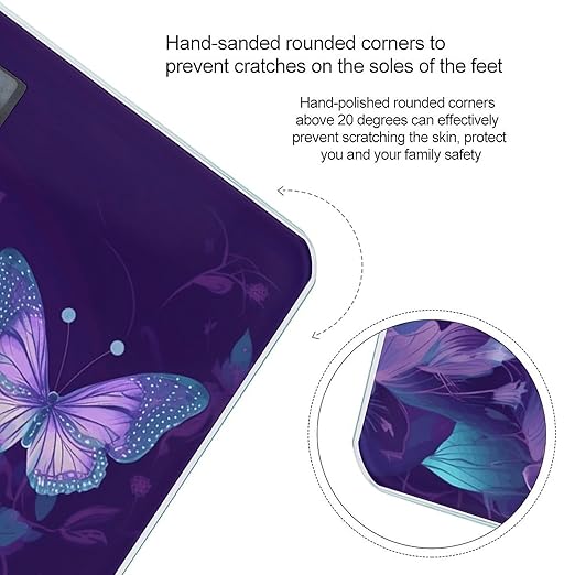 Blue Purple Flower Butterfly Scale for Body Weight Accurate Digital Bathroom Scale Toughened Glass High Precision Scales Smart Weight Scales with Large LCD Backlight Display Weighing Machine