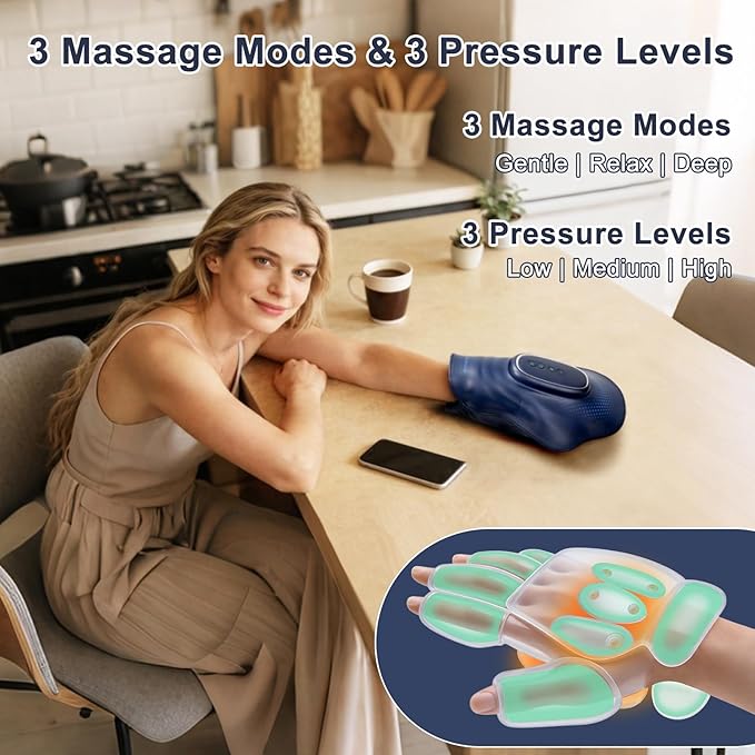 Portable Hand and Wrist Massager with Heat and Compression 3 Modes 3 Intensities and 3 Temps (100°F–116°F) Palm &amp Finger Massage Rechargeable Home Office Travel (Blue)