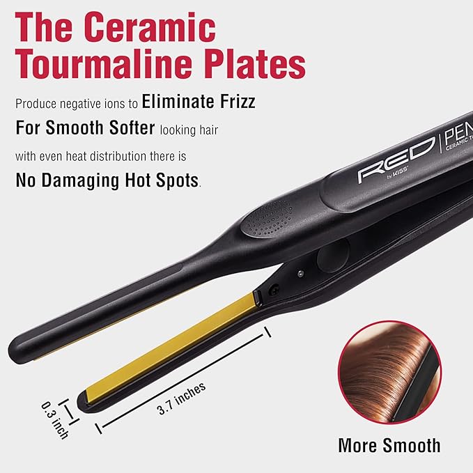 KISS Pencil Flat Iron &amp Heat Protector Spray Bundle - Ceramic Tourmaline Plates - 0.3 x 0.3 - 450F Max Temp - Straightens Short to Medium Hair