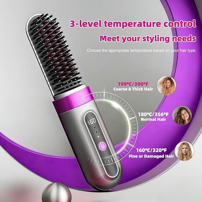 Cordless Hair Straightener Brush - Portable Fast-Heating Styling Tool with Protective Dust Cover - 3 Temperature Settings 300 Million Negative Ions for Frizz-Free Styling On-the-Go &amp Travel Use