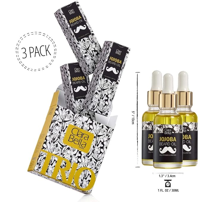 Jojoba Beard Oil for Men – 3 Pack | 100% Pure Organic Unscented &amp Soothing | Softens Coarse Beard &amp Mustache Hair | 1 fl oz Each (30ml) | Great for Gifting – Split into 3 Individual Gifts