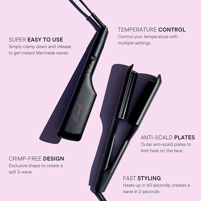 Mermade Hair Double Hair Waver Tool - Double 1 Barrel Iron for Crimp-Free Beach Waves Hair Curler for Women Ionic Ceramic Plates Reduces Frizz Suitable for Short Medium &amp Long Hair - Black