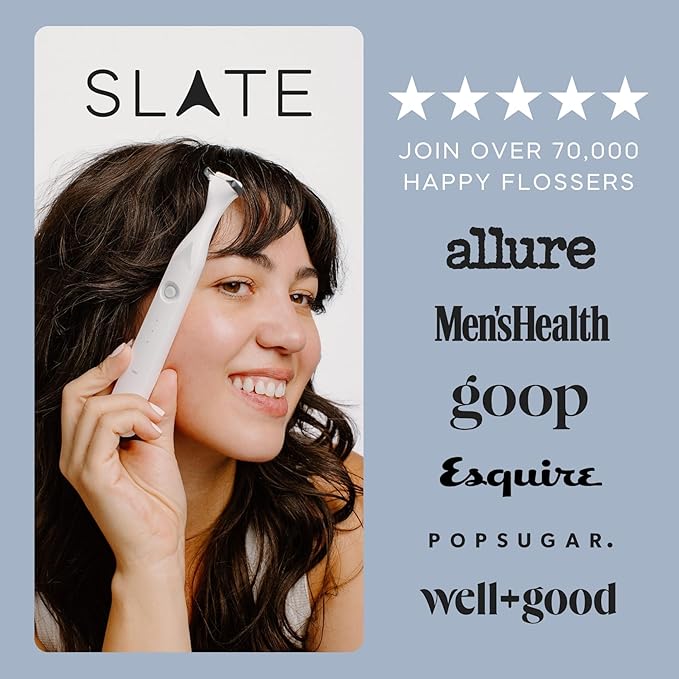 Slate Electric Flosser – Starter Set + 20pk Black Refills | 3-in-1 Dentist-Invented with Reusable Floss Heads Gum Brushes &amp Tongue Scraper | 20-Pk Non-Toxic Floss Heads (4-Month Supply)