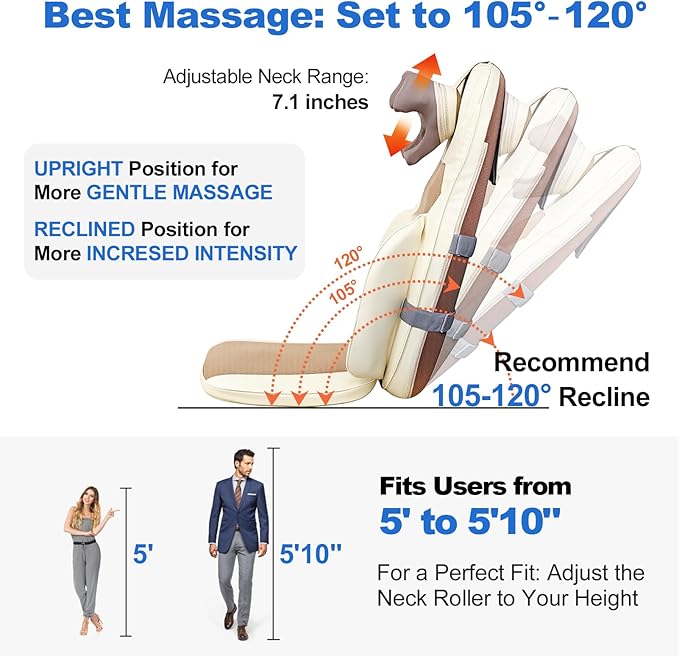 Shiatsu Massage Cushion for Neck and Back with Heat - 4D Kneading Vibration for Relief Muscle Tension Dual-Neck Design Adjustable Intensity and Height for Office Chair Home Use Navy Blue