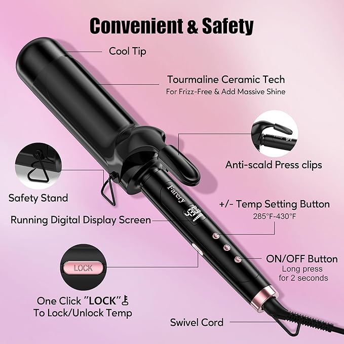 Farery 2 inch Curling Iron For Long Hair Lightweight Large Barrel Curling Iron 2 Inch Ceramic Curling Wand Infused Argan Oil &amp Keratin for Bouncy Big Curls 9 Temps Digital Display &amp Lock Ke