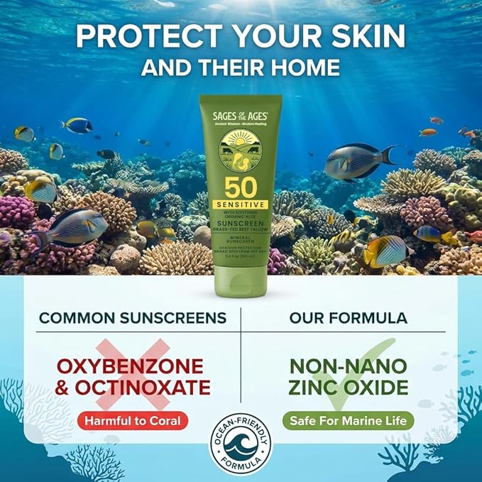 Organic Tallow Mineral Sunscreen SPF 50 with Non-Nano Zinc Oxide — Reef Safe UVA/UVB Broad Spectrum Sunblock Water Resistant 80 Min Moisturizing Lotion for Face &amp Body 3.4 fl oz