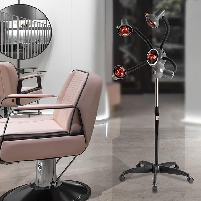 5 Head Infrared Light Heat Therapy Red Lamp Salon Hair Steamer Perming Dyeing Adjustable Height Machine with Rolling WheelsStanding Infrared Heaterfor Perming Oiling(750wBlack)