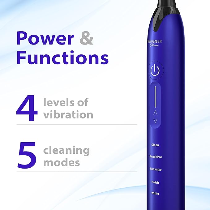 Wagner Stern Ultrasonic whitening Toothbrush with Pressure Sensor. 5 Brushing Modes and 4 Levels of Intensity 8 Soft bristles Travel case.