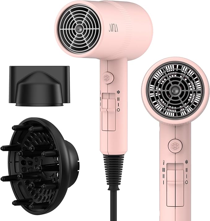 AINA Hair Dryer with Diffuser Blow Dryer for Women | Advanced Ionic Technology Ceramic Coating | Cold Shot Features Turbo Heat for Fast Drying and Shine 110V/ALCI (Babe Pink)