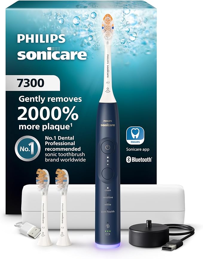 Philips Sonicare 7300 Series Electric Toothbrush - Next-Generation Sonicare Technology Pressure Sensor 12 Brushing Settings SmarTimer 21-Day Runtime Travel Case Navy Blue HX7423/05