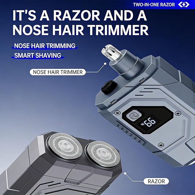 Professional 2 in 1 Electric Shaver and Nose Hair Trimmer for Men Featuring LED Display and Dry Wet Shaving Grooming