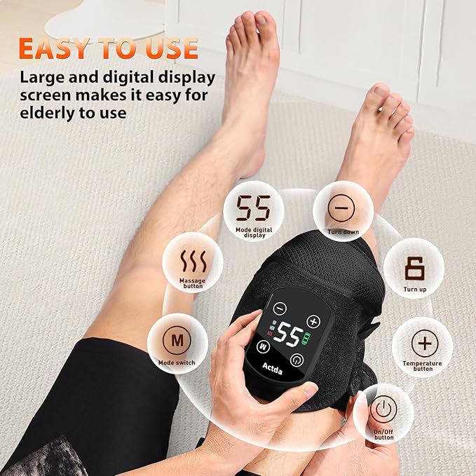 Cordless Knee Massager for Pain Relief Electric Heated Knee Warmer with 5 Heat Levels and 3 Massage Modes Portable Knee Brace Gifts for Men Women (Black(Single))
