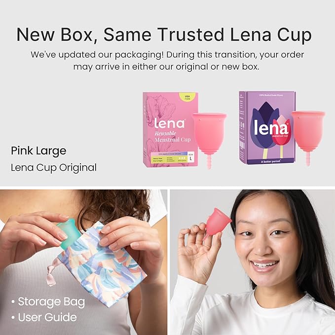Lena Menstrual Cup Original - Soft Medical-Grade Silicone Period Cups for Women Heavy Flow Reusable and Comfortable 12-Hour Leak-Free Protection Beginner-Friendly Feminine Care - Large Pink