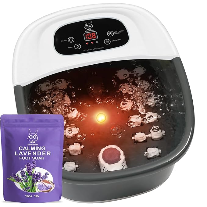 Foot Spa Bath Massager with Heat Bubbles and Vibration Massage and Jets 16 OZ Calming Lavender Foot Soak Epsom Salt MoodRelish Foot Soaker with Red Light 22 Massage Rollers Adjustable Temp - Black