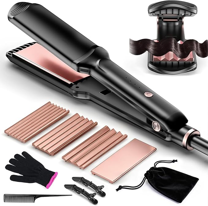 Hair Crimper WaverProfessional Women Hair Straightener Irons 4-in-1 Set Create Zig Zag WavesCrimps Smooth StylesNegative Ions Tourmaline Ceramic Plates Healthy Shiny Less FrizzStyling Tools