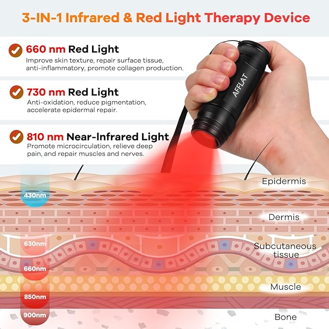 AFFLAT Red Light Therapy Flashlight for Pain Relief – Portable Infrared &amp Near Infrared Light Therapy Device for Joint Muscle Body &amp Face Inflammation 3 Wavelengths 4 Professional Combinat