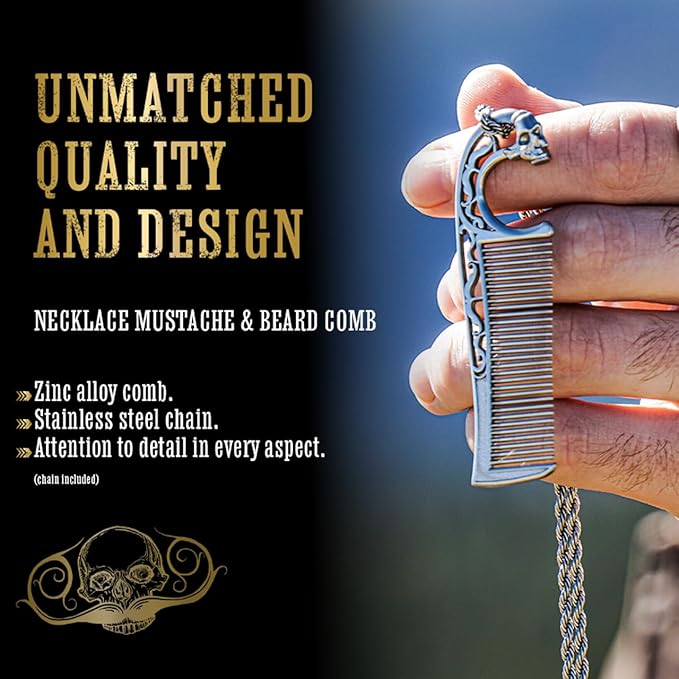 Defender Mustache Balm 1 oz Tin &amp Necklace Death Grip Mustache Comb Mens Combo Kit - Grooming For Men Handlebar Moustache