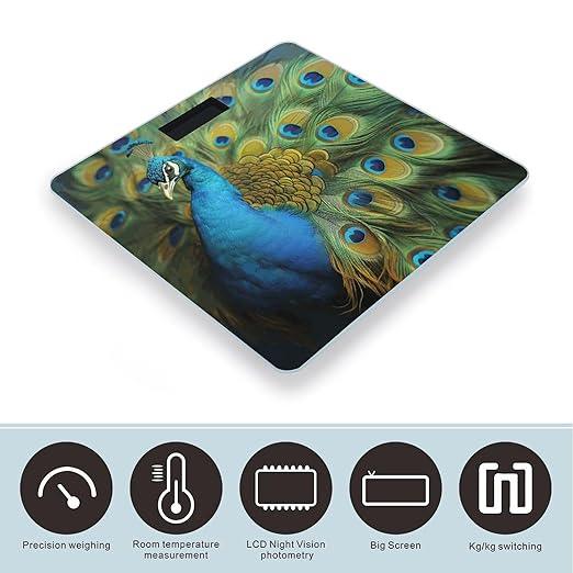 Peacocks Feather Scale for Body Weight Anti-Slip Tempered Glass Digital Bathroom Scales Clear LCD Display Weighing Scale Safe Rounded Corners Smart Scales