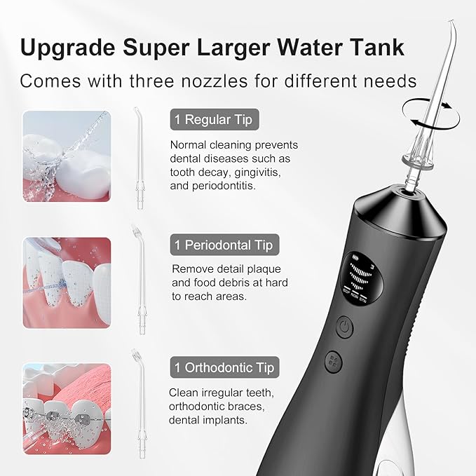 Water Dental Flosser for Teeth Portable Cordless Water Flosser with 300ML Rechargeable with Type-C IPX7 Waterproof Water Flossers for Adults with 3 Intensity Modes and 3 Flossing Tips