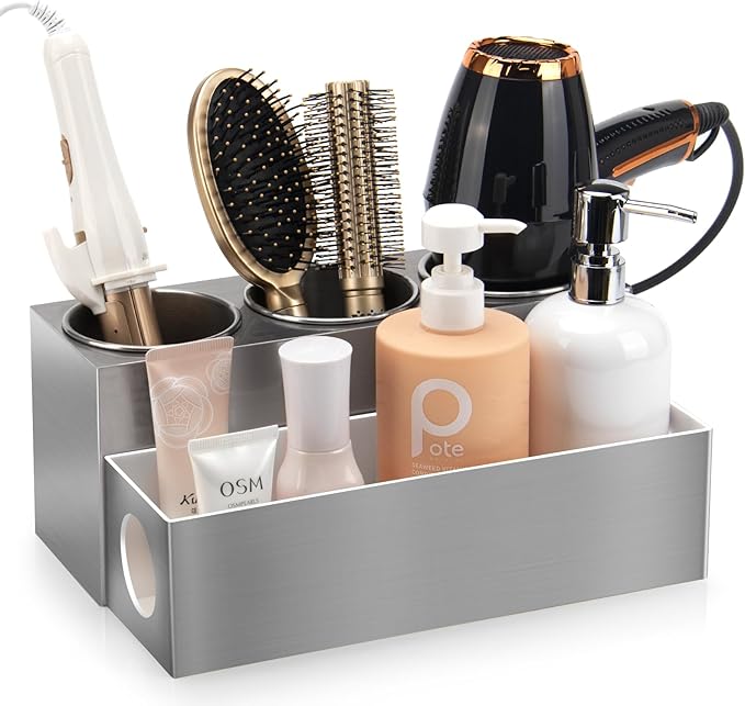 Hair Tool Organizer - Bathroom Vanity Organizers and Storage Hair Styling Accessories Hot Tools Organizer Hair Dryer Blow Dryer Curling Iron Flat Iron Hair Straightener Silver