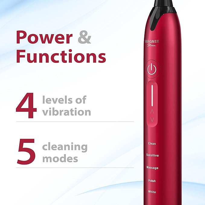 Wagner Stern Ultrasonic whitening Toothbrush with Pressure Sensor. 5 Brushing Modes and 4 Levels of Intensity 8 Soft bristles Travel case.