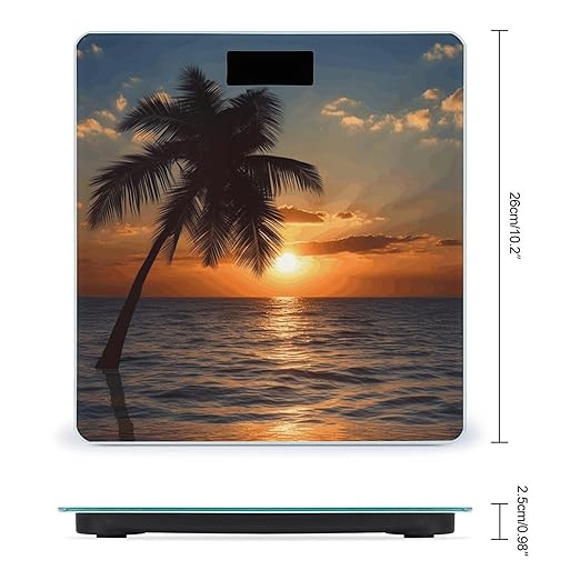 Sunset Palm Tree Ocean Digital Bathroom Scale for Body Weight with High Precision Digital Weighing Scale with BMI Clear LCD Display and Step-On Measures Weight Up to 180kg