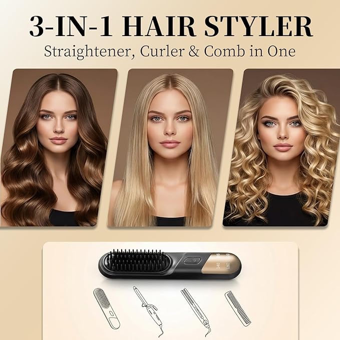 Go Brush Pro3-in-1 Cordless Negative Ion Hair StraightenerPortable Hair Straightener Comb 4 Temps Fast Heating Mch Ceramic CoatingAnti-Scalding Comb TeethSmoothes Frizz (Black)