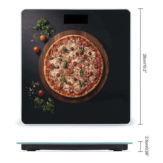 Pizza Wood on Board Scale for Body Weight Anti-Slip Tempered Glass Digital Bathroom Scales Clear LCD Display Weighing Scale Safe Rounded Corners Smart Scales