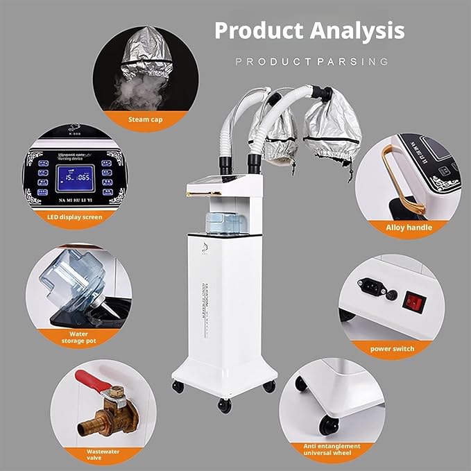 Nano Hair Steamer with Vaporizing Caps Standing Professional Micro Mist Hair Processor with Rolling Wheels(Milk)