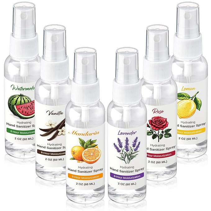 12 Pcs Hydrating Hand Sanitizer Spray with Essential Oil Scented Hand Sanitizer Spray Travel Size 2 Fl oz Pocket Bottle Christmas Stocking Stuffers Staff Gifts Homeless Care Package Supplies